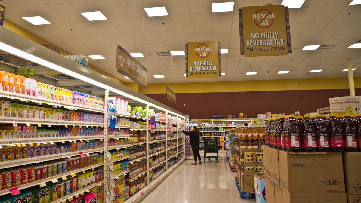  The Fresh Grocer in the Belmont section of Philadelphia has an aisle dedicated to beverages that aren’t taxed as sweetened beverages. (Kimberly Paynter/WHYY) 