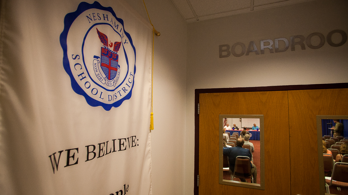  A committee of the Neshaminy School Board meets to discuss the school newspaper's ban on the use of the word Redskins. (Brad Larrison/for NewsWorks) 