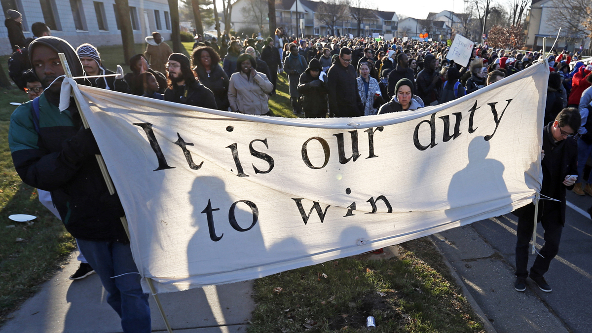 Black Lives Matter supporters are shown in Minneapolis in November 2015 following the fatal shooting of Jamar Clark, a black man, by a Minneapolis police officer. (AP Photo/Jim Mone) 