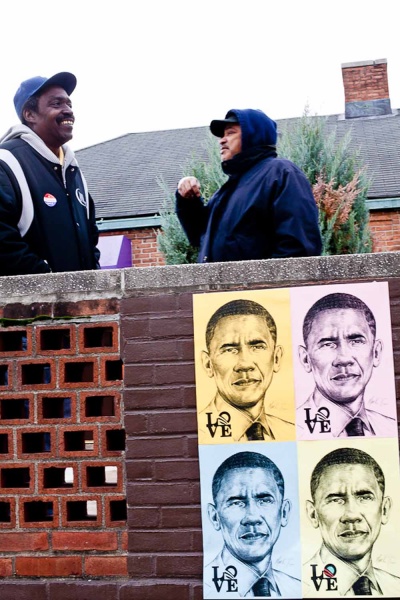 <p><p>Michael Moore (right) and John Barnett (left) wait for voters to arrive at Morton Homes in Germantown Tuesday Morning. (Brad Larrison/For NewsWorks)</p></p>
