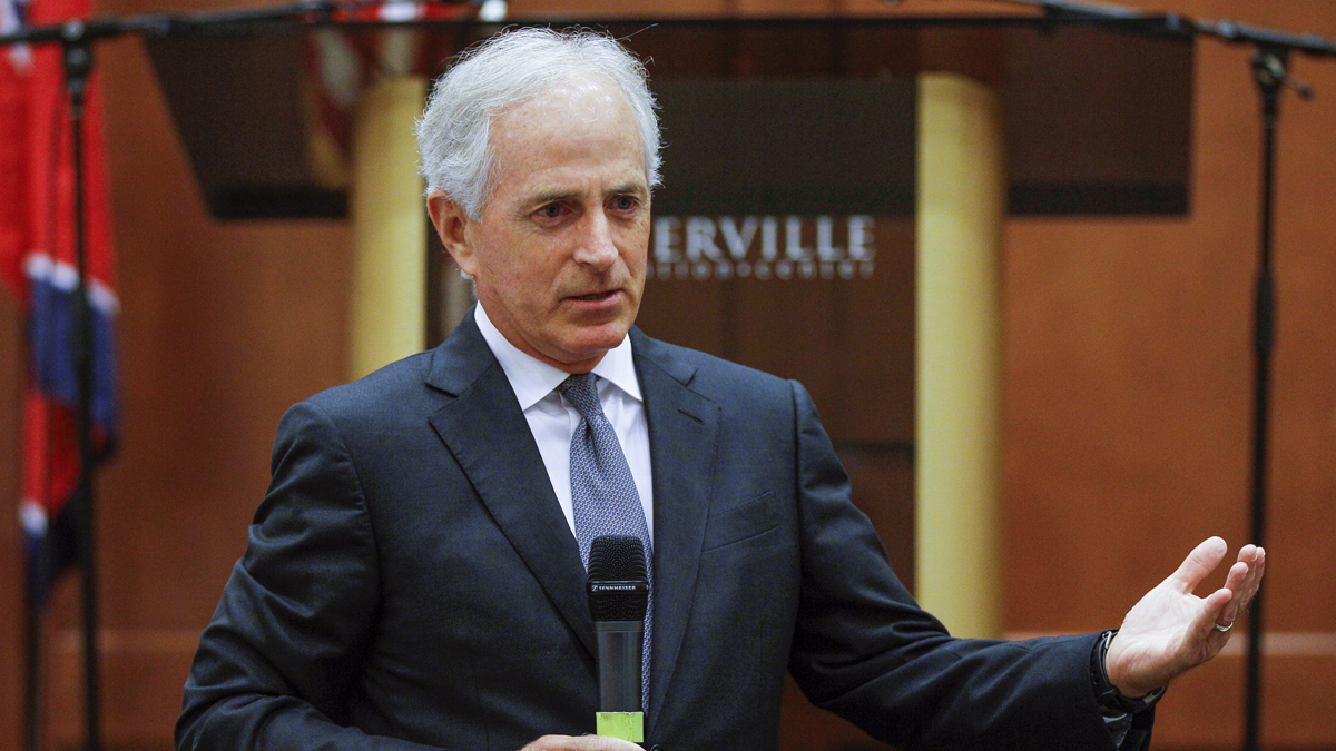 U.S. Sen. Bob Corker, R-Tenn., is shown speaking to the Sevier County Chamber of Commerce in Sevierville, Tenn., on Wednesday, Aug. 16, 2017. (AP Photo/Erik Schelzig, file) 