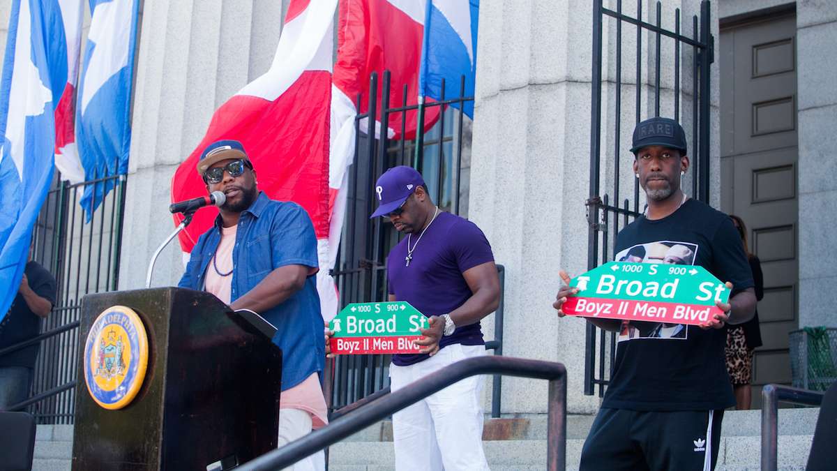 Boyz II Men with their newly unveiled Boyz II Men Boulevard signs in front of their alma mater the Philadelphia High School for Creative and Performing Arts.