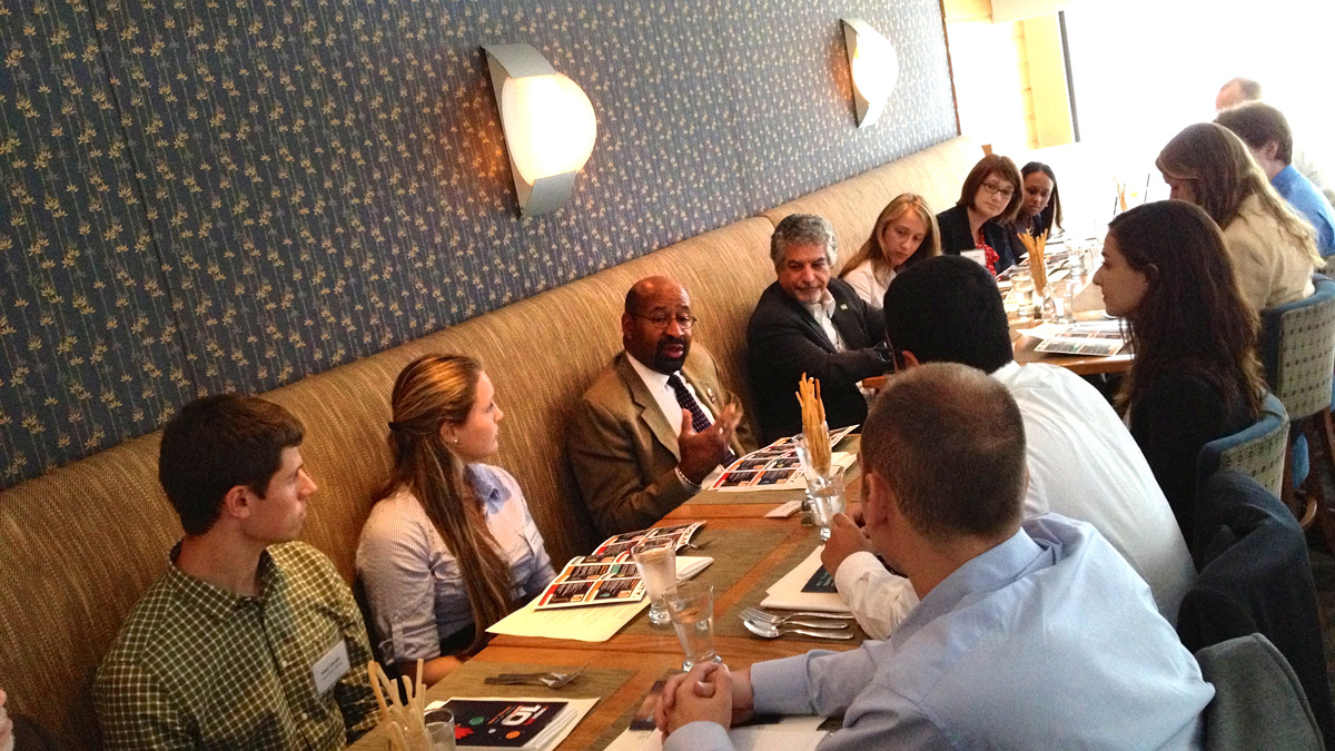  Mayor Michael Nutter meets with the 10 students over lunch. (Zack Seward/WHYY) 