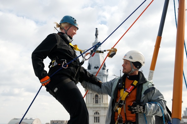 <p><p>A rappeller is seen hanging in the ropes of the instruction set-up. (Bas Slabbers/for NewsWorks)</p></p>
