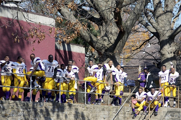 <p><p>The Cougars watching from afar as team mascots talk the field at halftime. (Bas Slabbers/for NewsWorks)</p></p>
