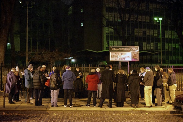 <p>About thirty people attended the vigil held in remembrance for shooting victims. (Bas Slabbers/for NewsWorks)</p>

