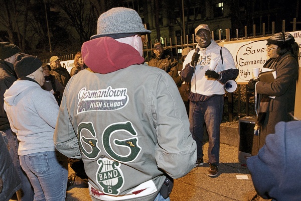 <p><p>Germantown Alumni Association Chairman James McKelvey speaks to the gathered crowd on a frigid Thursday night. (Bas Slabbers/for NewsWorks)</p></p>
