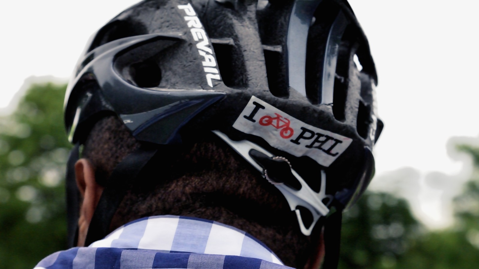  A sticker on the back of the helmet of one of the riders. (Bas Slabbers/for NewsWorks) 