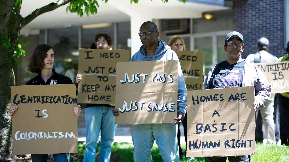 During a rally on Wednesday residents of Penn Wynn House apartment building protest an imminent mass-eviction after the property changed hands recently.