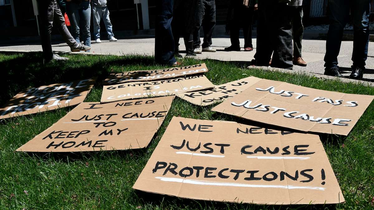 During a rally on Wednesday residents of Penn Wynn House apartment building protest an imminent mass-eviction after the property changed hands recently.