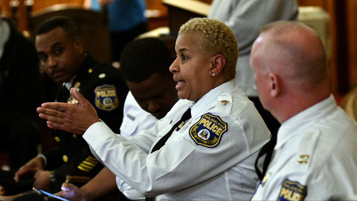  Deputy Commissioner Robin Wimberly speaks at a town hall meeting on Monday. Representatives of the Philadelphia Police Department took questions from the community about the reinstatement of two offers who were involved in the 2014 shooting of Philippe Holland. (Bastiaan Slabbers for NewsWorks) 