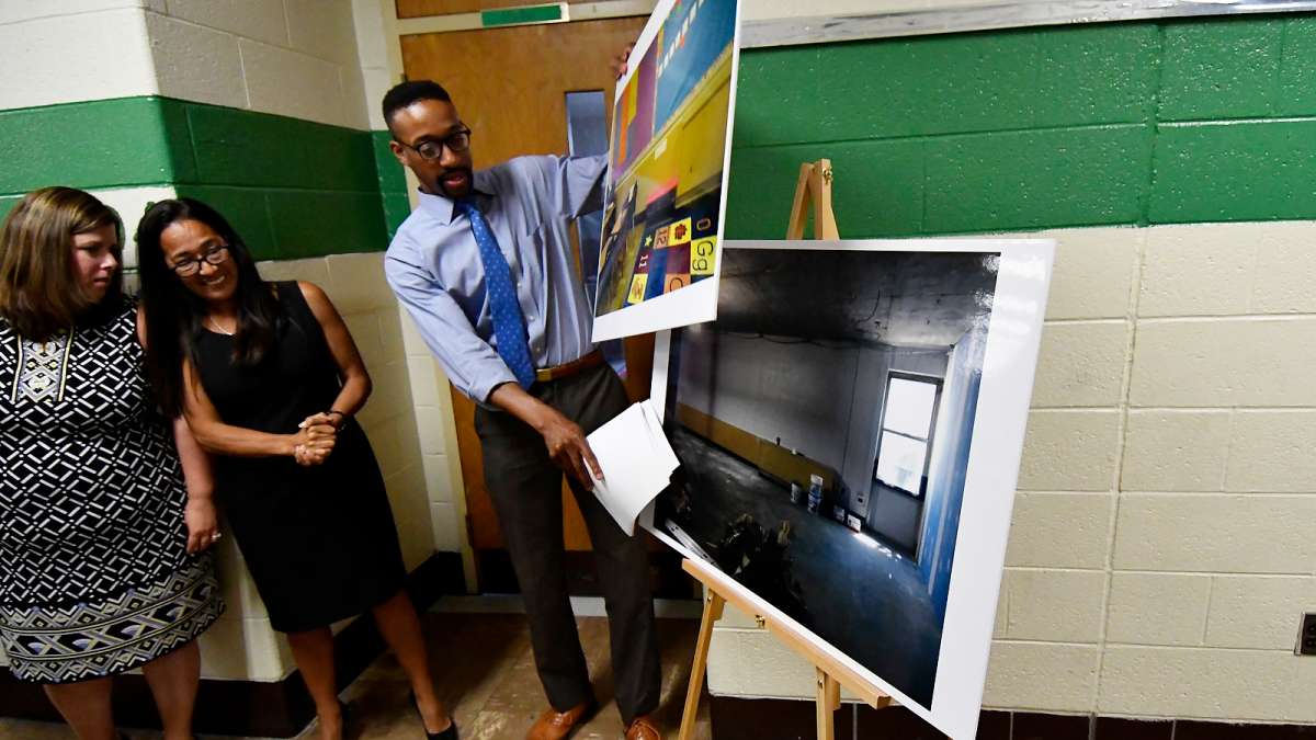 Before-photos are shown at Allen M. Stearne Elementary, in the Frankford neighborhood of the city. (Bastiaan Slabbers for WHYY)