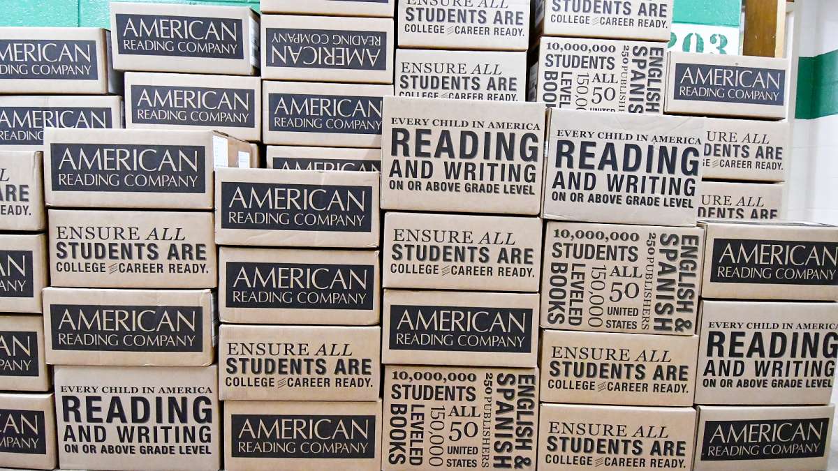 Materials, ready to be used, are piled up in the hallway of Allen M. Stearne Elementary, in the Frankford neighborhood of the city. (Bastiaan Slabbers for WHYY)