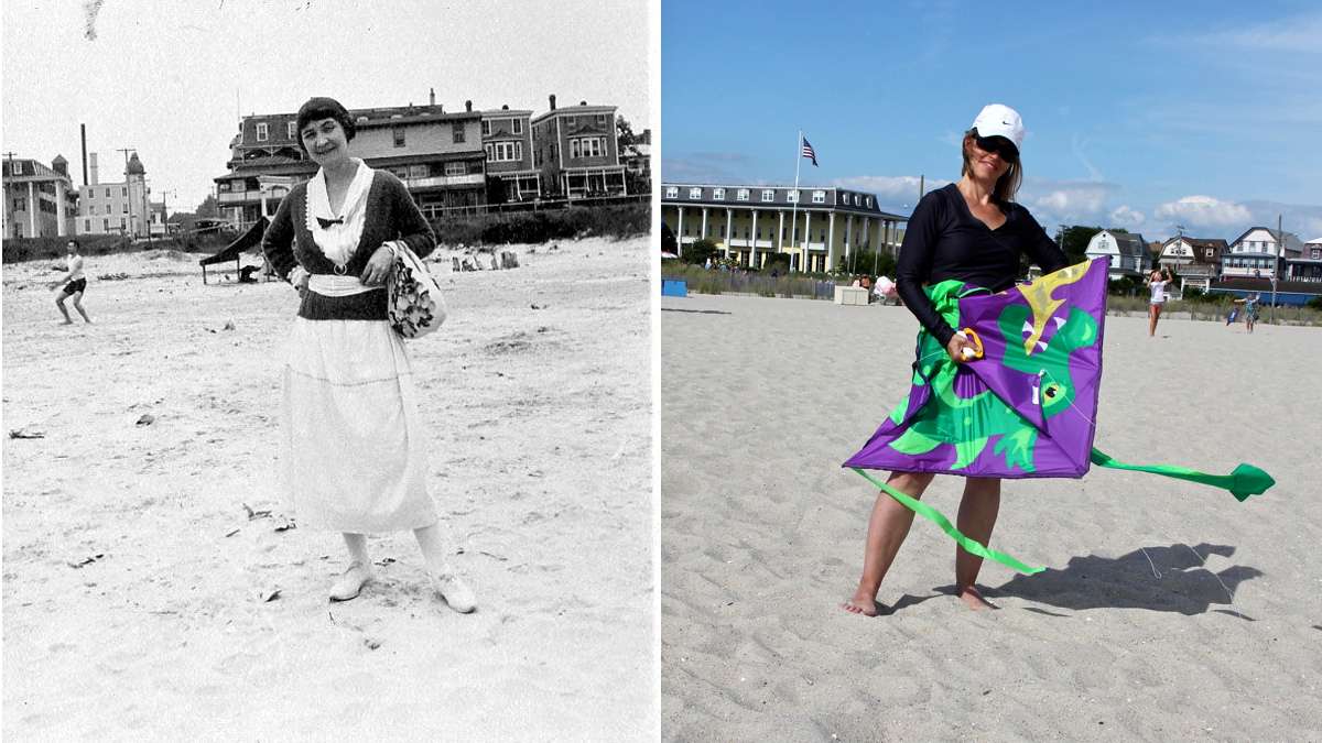 A photograph from 1920 shows a woman posing on the Perry Street beach. Nearly 100 years later, Marie Louise Miller reels in her kite to pose for a photo on the same beach. (Richard Gibbs Collection) and (Emma Lee/WHYY)