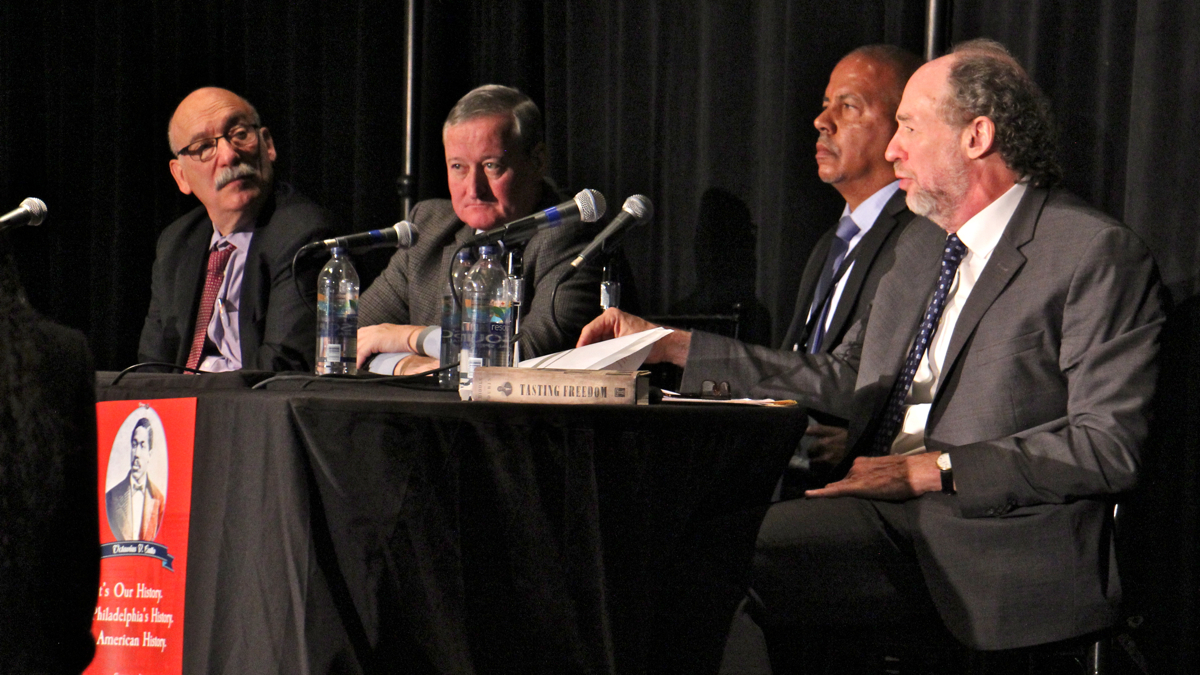 The authors of a new book about the life of 19th century civil rights activist Octavius Catto, Daniel Biddle (right) and Murray Dubin (left) are joined by Mayor Jim Kenney and Community College of Philadelphia President Donald Generals for a panel discussion on Catto's life. (Emma Lee/WHYY)