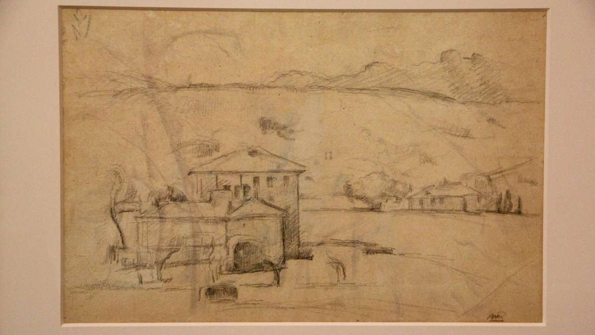 Houses in Landscape with Pilon du Roi was discovered when the backing paper was removed from a Paul Cézanne watercolor titled 'Trees.' (Emma Lee/WHYY)