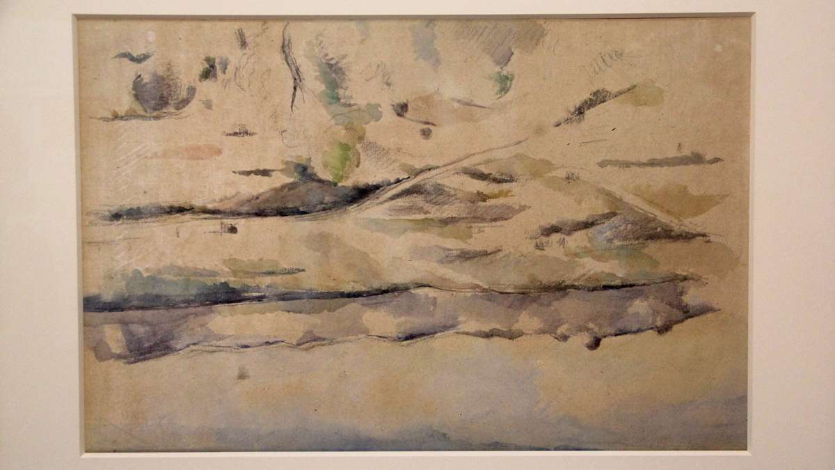 The Chaine de l'Etoile Mountains (1885-1886) is displayed upside down to better show the undated watercolor sketch on the reverse side.. (Emma Lee/WHYY)