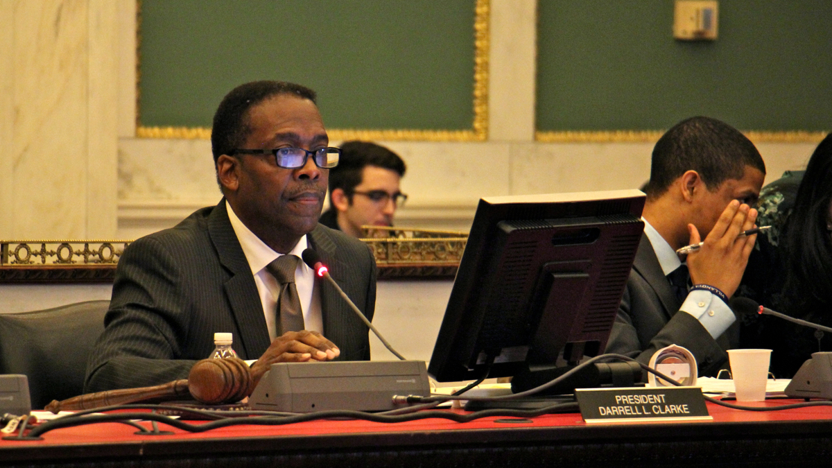 City Council President Darrell Clarke listens to public comments on the Philadelphia schools budget. (Emma Lee/WHYY)