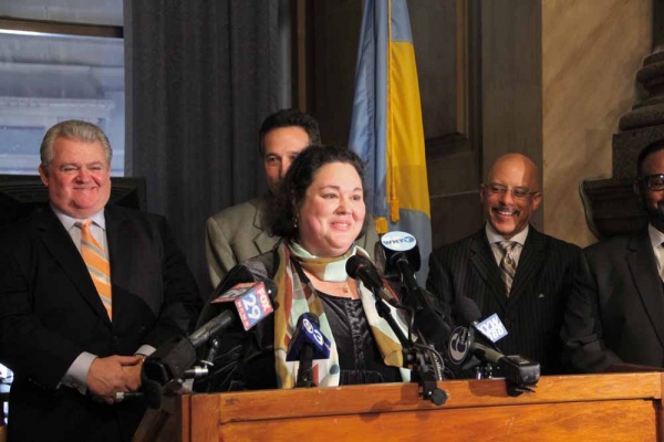 <p><p>Jane Lipton, executive director of the Manayunk Development Corp., expresses her delight that her neighborhood will continue to host a cycling race. (Emma Lee/for NewsWorks)</p></p>
