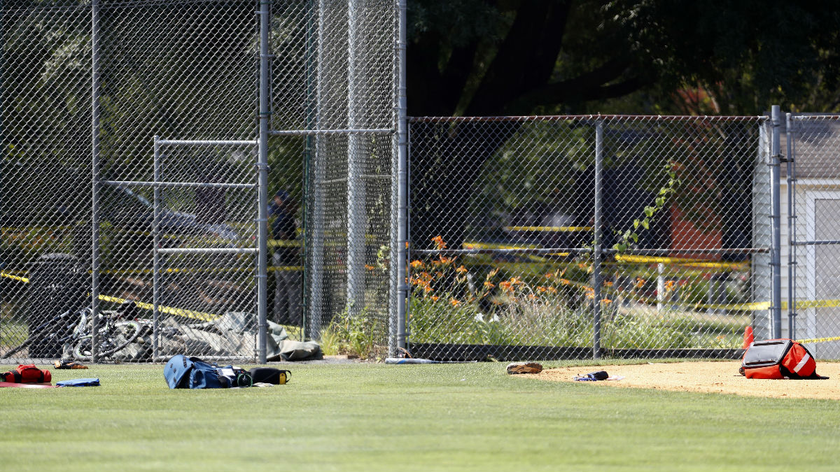  Equipment and medical bags are seen on the baseball field in Alexandria, Va., Wednesday, June 14, 2017, after a shooting where House Majority Whip Steve Scalise of La., and others were shot during a congressional baseball practice. (AP Photo/Alex Brandon) 