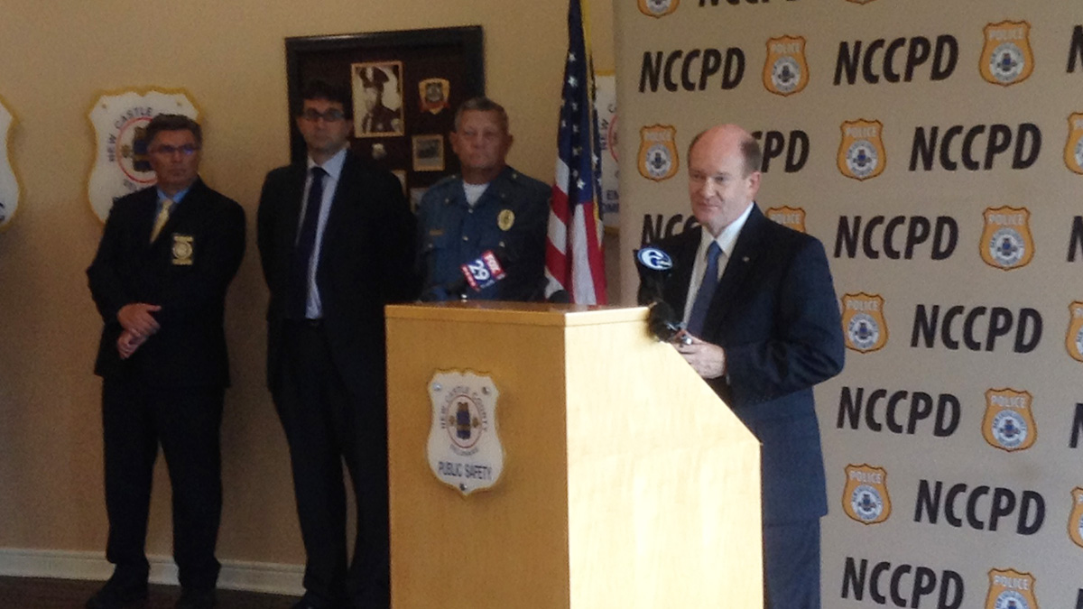  U.S. Sen. Chris Coons, D-Delaware, announced federal funding for bulletproof vests. (Zoë Read/WHYY) 