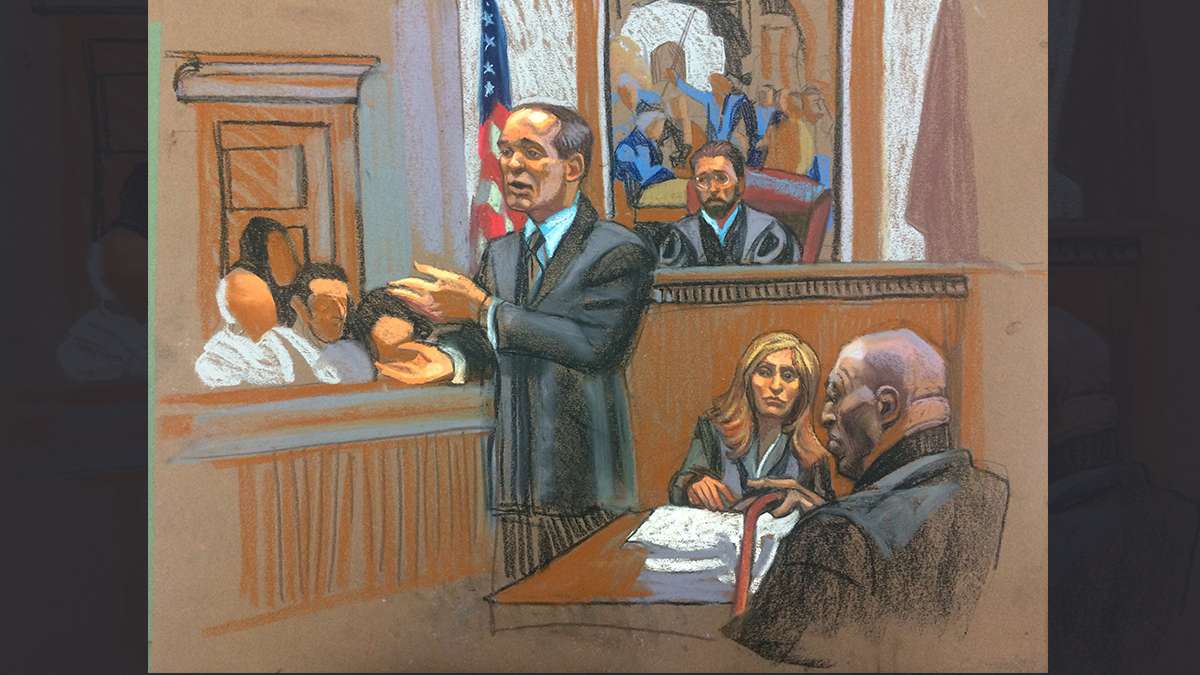 Courtroom scene from day two of the Bill Cosby trial, as drawn by sketch artist Christine Cornell (image courtesy of Christine Cornell)