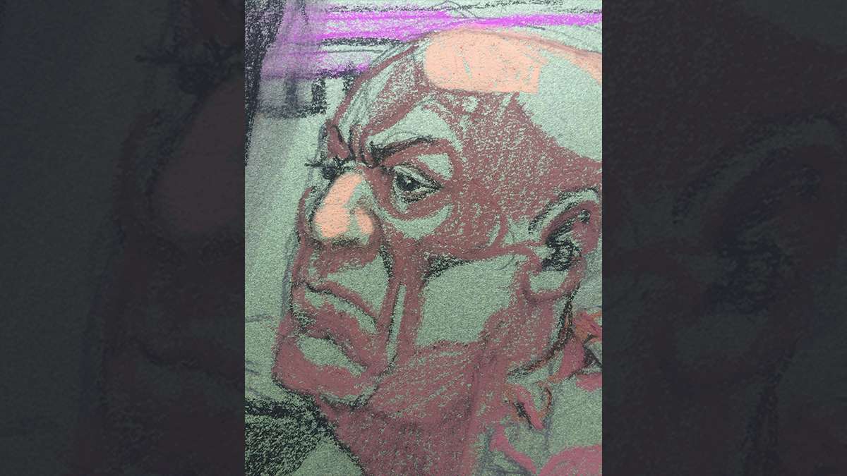 Courtroom scene from day two of the Bill Cosby trial, as drawn by sketch artist Christine Cornell (image courtesy of Christine Cornell)