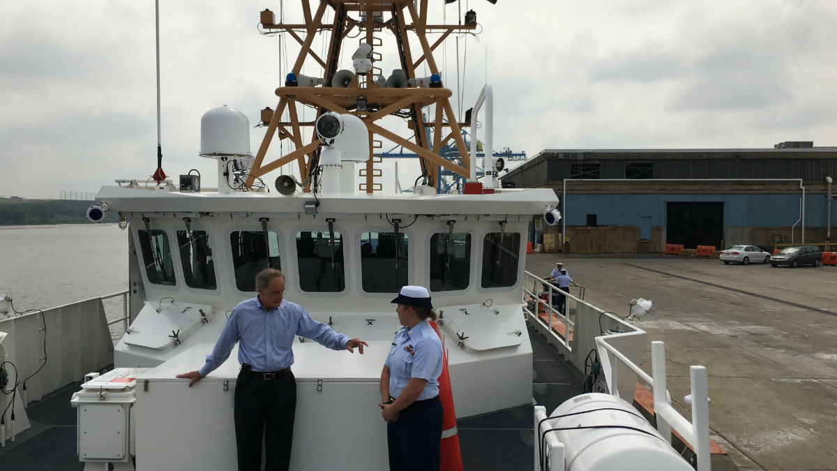  U.S. Sen. Tom Carper of Delaware takes a tour of a Coast Guard  cutter at the Port of Wilmington. (Mark Eichmann/WHYY) 