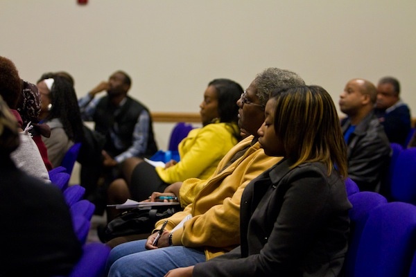 <p><p>Residents look on as District Attorney Seth Williams speaks on various topics related to crime and violence in Philadelphia. (Brad Larrison/for NewsWorks)</p></p>
