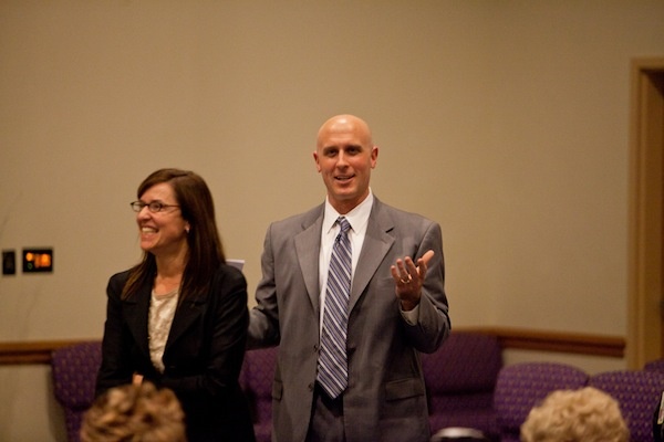 <p><p>Deborah Nash and Steven Connolly of the DA's office introduce themselves to those in attendance at Tuesday night's town hall meeting. (Brad Larrison/for NewsWorks)</p></p>
