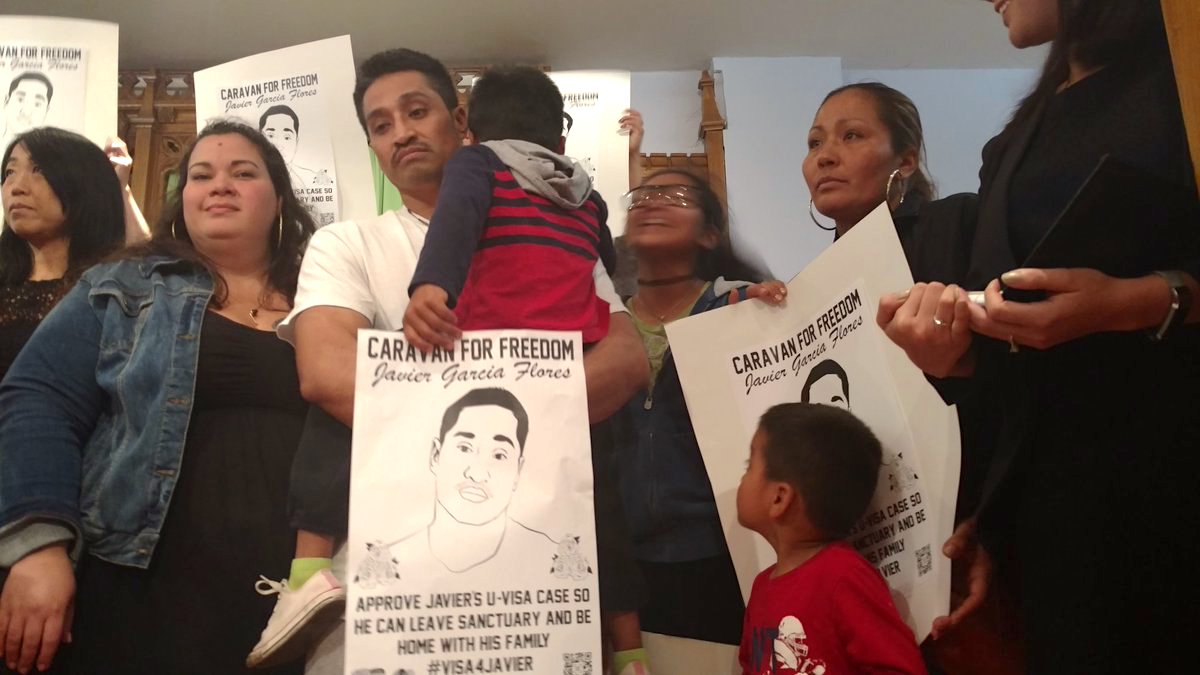  Javier Flores has been taking sanctuary in Arch Street Methodist Church for 7 months. Advocates are road-tripping to VT demanding USCIS hear his case. (Katie Colaneri / WHYY) 