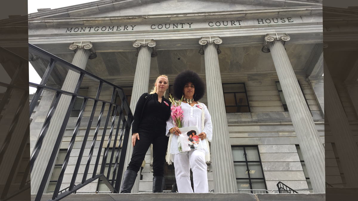  Caroline Heldman, co-chair of End Rape Statute of Limitations, on left, and Lili Bernard, a Los Angeles-based actress and artist who has accused Cosby of drugging and raping her in the early 1990s. (Dana DiFilippo/WHYY) 