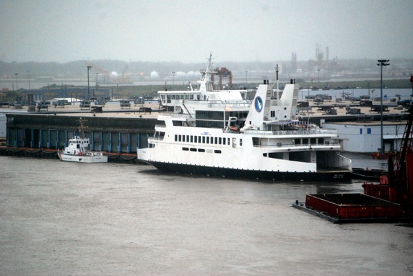 The predicted storm surge from Hurricane Irene forced the Cape May-Lewes ferry to head up the Delaware River and spend the night docked in Wilmington. (John Jankowski/for newsworks)