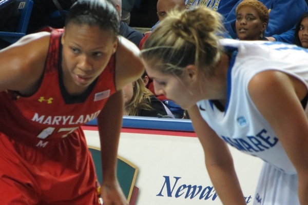 <p><p>UD senior Elena Delle Donne had her work cut out for her against a big Maryland team.  Delle Donne led all scorers with 19 in only her second game of the season. (Mark Eichmann/WHYY)</p></p>
