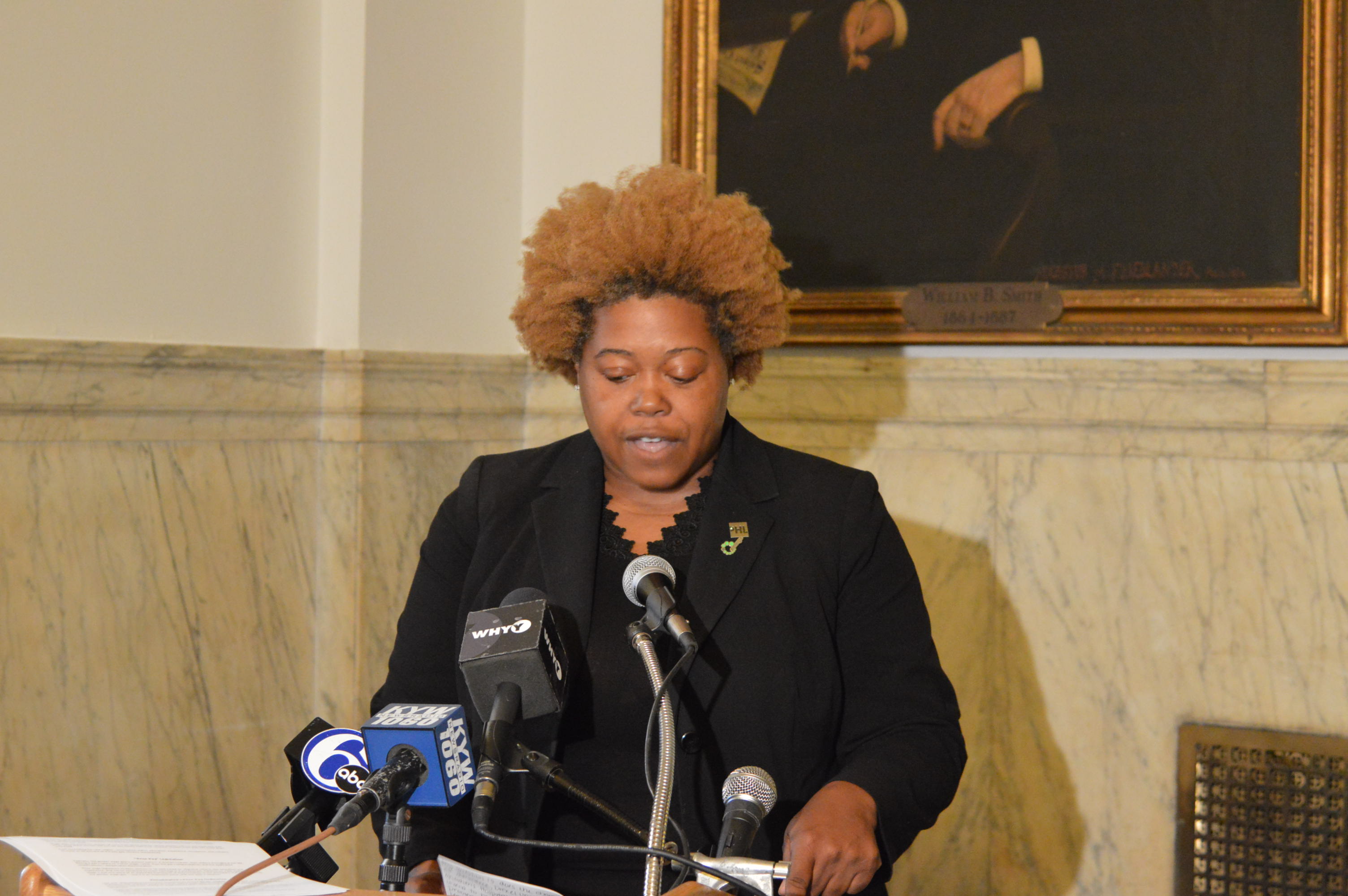  Melissa Robbins of NOW speaks at event (Tom MacDonald, WHYY) 