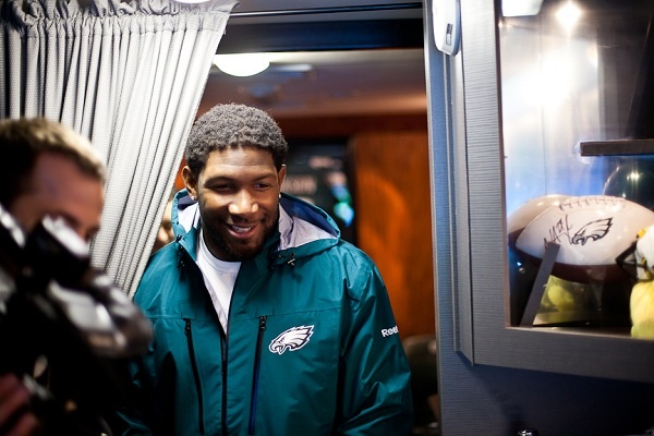 <p><p>Philadelphia Eagles linebacker Akeem Jordan tours the Eagles Eye Mobile which pulled up to the Wister School in Germantown on Tuesday morning. (Brad Larrison/for NewsWorks)</p></p>
