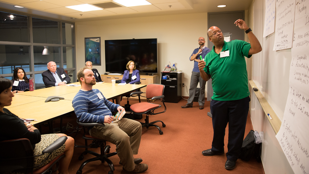  Bryan Armstead leads a group discussion about funding public education in Pennsylvania at a forum in Harrisburg at WITF studios on Monday, Sept. 26, 2016. (Lindsay Lazarski/WHYY) 