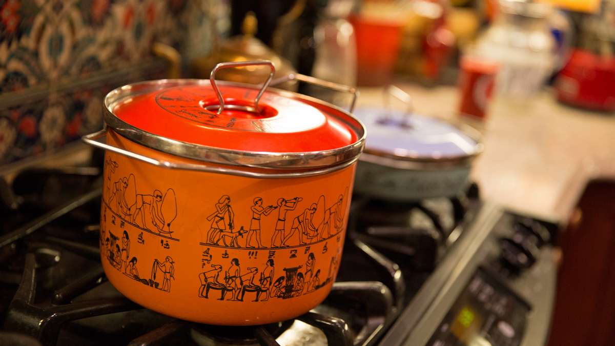 The kitchen includes Egyptian themed pots, pans and glassware (Lindsay Lazarski/WHYY)