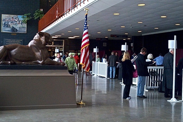 <p>"Our normal polling place was without electricity. This is all a direct result of the hurricane," said Linda Koepplin, an election observer at Jadwin Gym on Princetown University's campus.  Seven voting districts in New Jersey affected by power outages from last week's storm have been relocated to the Jadwin Gym.  (Alan Tu/WHYY)</p>
