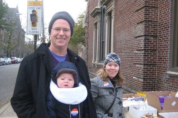 <p>Scott Barclay and Audrey Comsgock ?brought their son, Henry Barclay Comsgock when casting their vote at Bache Martin elementary school in the Fairmount section of Philadelphia.  (Maiken Scott/WHYY)</p>
