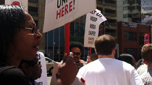  Supporters from the Unite Here food service and hospitality workers union protested the layoffs of some 1,200 student safety staff in Philadelphia schools. (Amy DiPierro/for NewsWorks) 