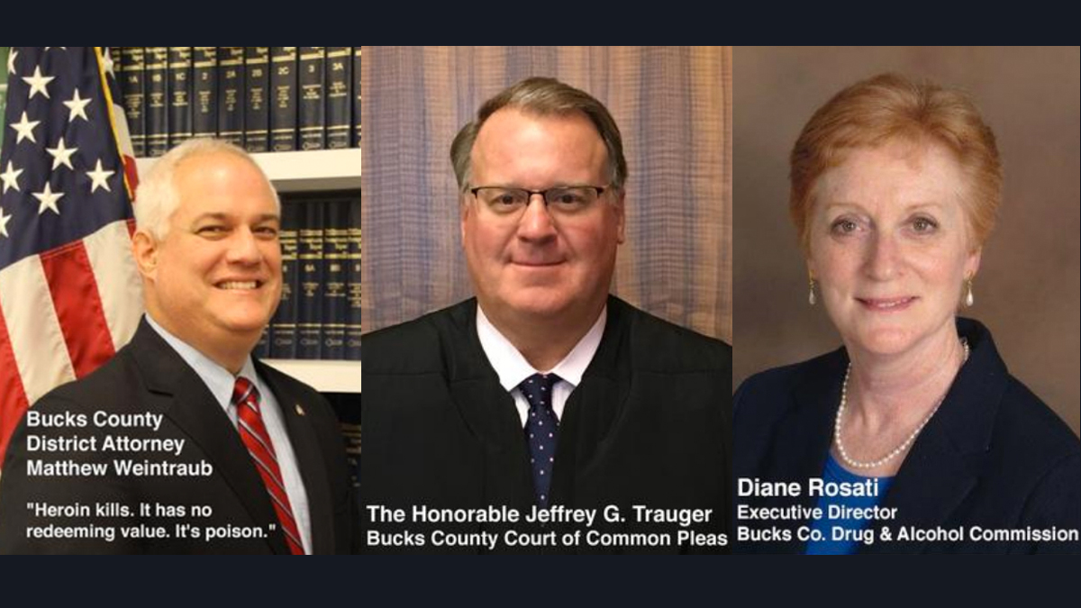  The featured speakers at a drug epidemic town hall in Bucks County are (from left) District Attorney Matthew Weintraub, Court of Common Pleas Judege Jeffrey Trauger and Diane Rosati, executive director of the Bucks County Drug and Alcohol Commission. (TruthSpeaks.net) 
