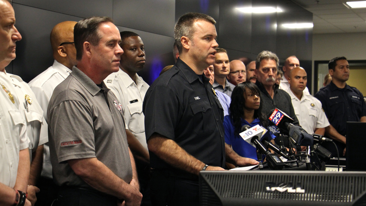  Philadelphia Fire Commissioner Adam Thiel speaks about a federal report that blames firefighter errors and faulty gear for the death of Joyce Craig, the first female firefighter to die in the line of duty in Philadelphia. (Emma Lee/WHYY) 