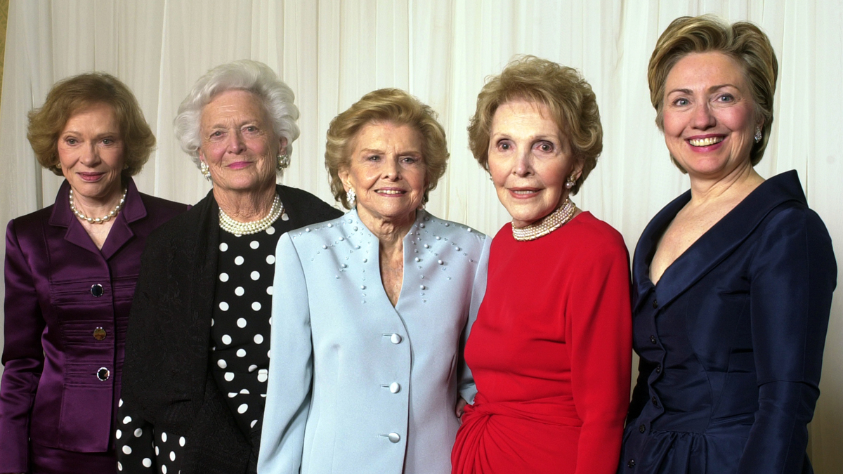 Former first ladies get together in 2003 for a fundraising event. From left are Rosalynn Carter