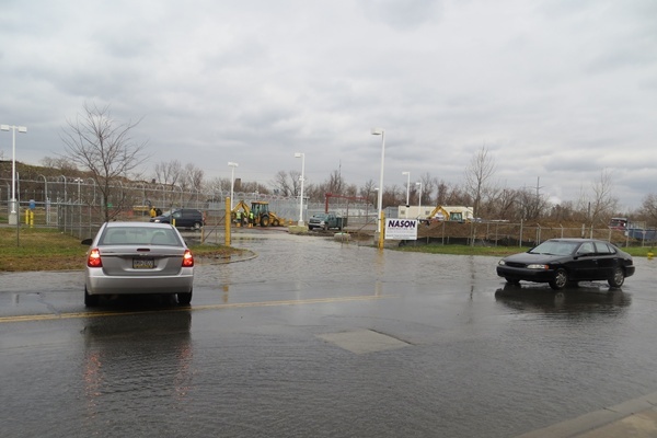 <p><p>Some drivers decided to pull a u-turn instead of try to make it through the high water here on 12th Street near Wilmington's Young Prison. (Mark Eichmann/WHYY)</p></p>

