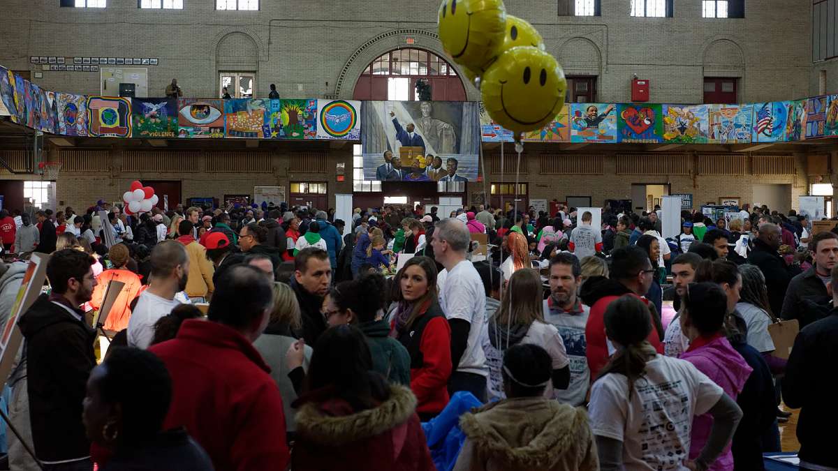 Volunteers gather to participate in the Martin Luther King Day of Service event at Girard College. (Bastiaan Slabbers/for NewsWorks)