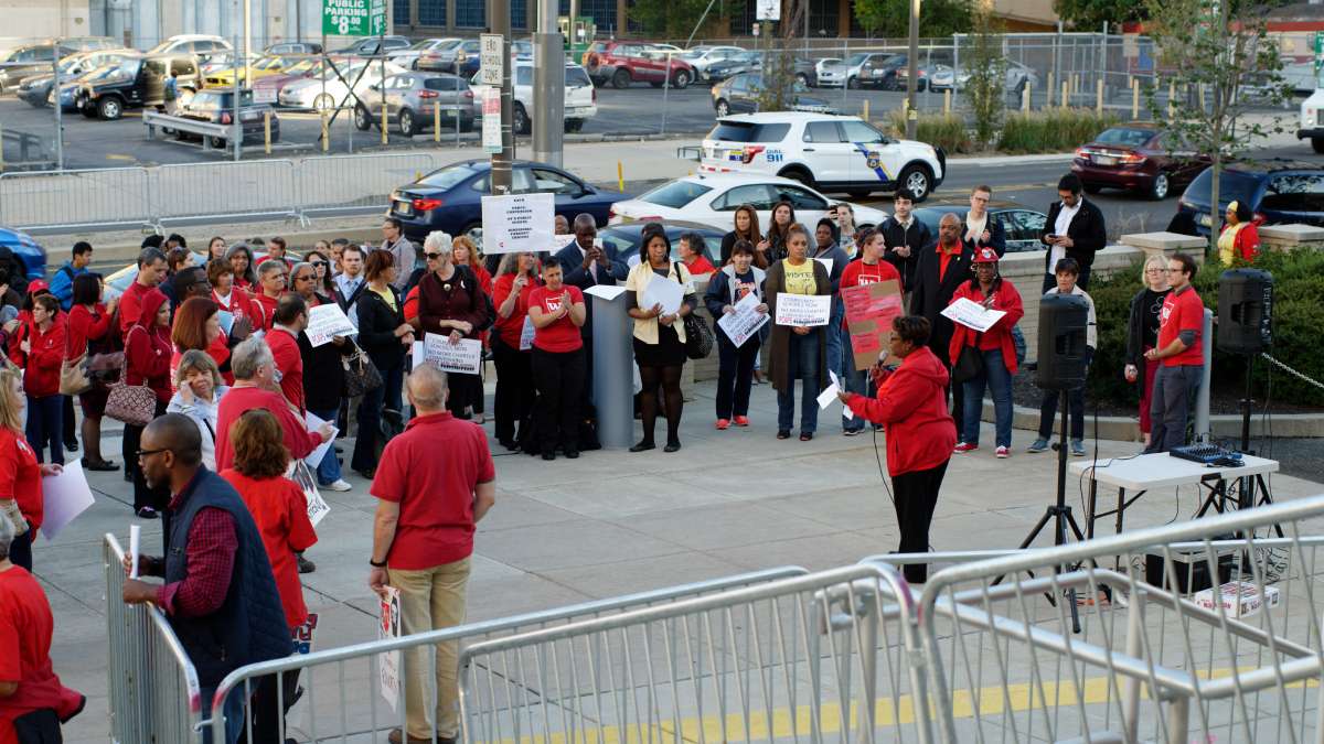 Parents, staffers gather outside SDP Headquarters on N. Broad St., ahead of the SRC Meeting on Thursday.