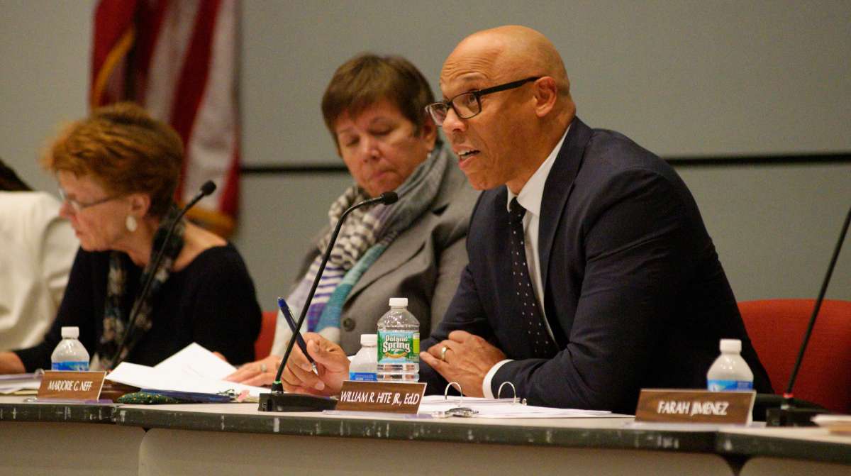 At his opening remarks Superintendent Dr. Hite reacts briefly to a comment from the audience.