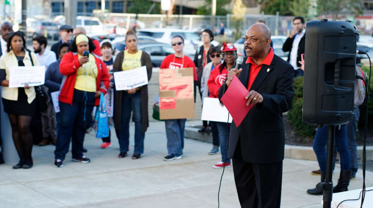 Jerry Jordan, President of PFT, speaks outside SDP, ahead of the Thursday SRC meeting.