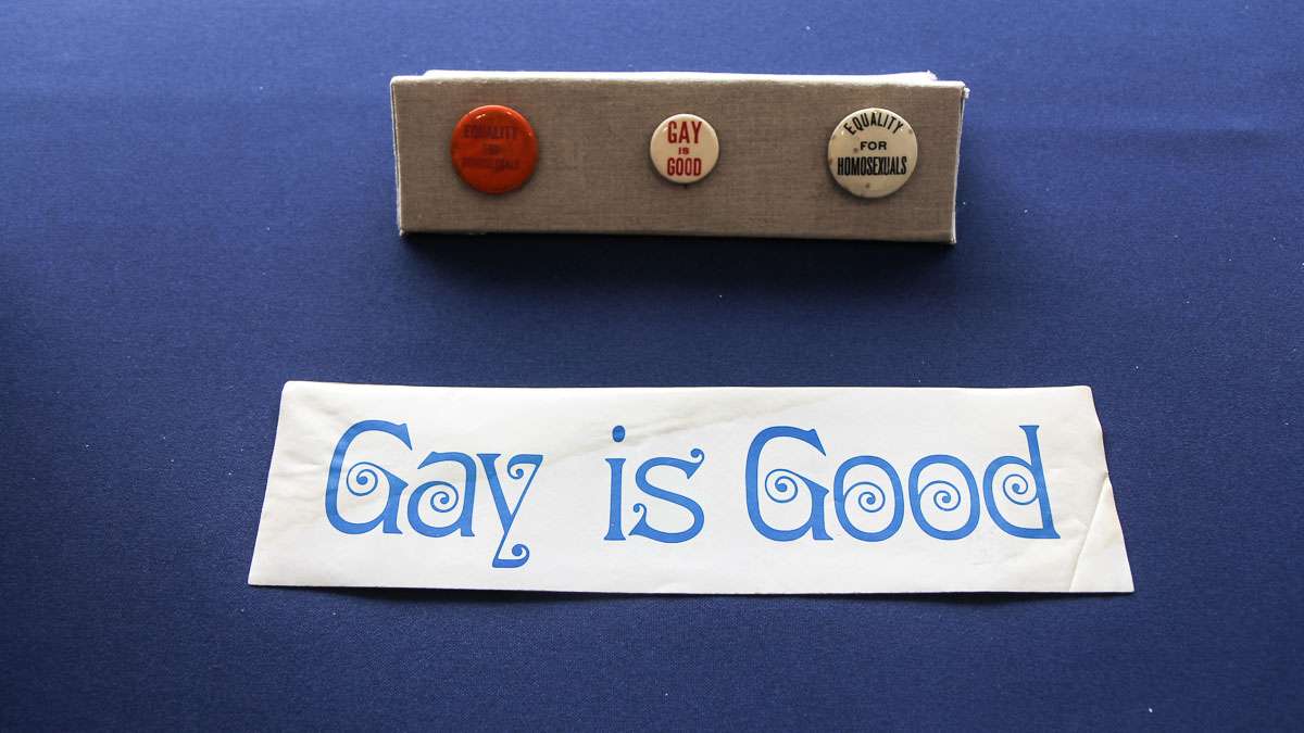 Stickers and buttons are part of a National Constitution Center exhibit Speaking Out for Equality: The Constitution, Gay Rights and the Supreme Court, opening in early June. (Kimberly Paynter/WHYY)